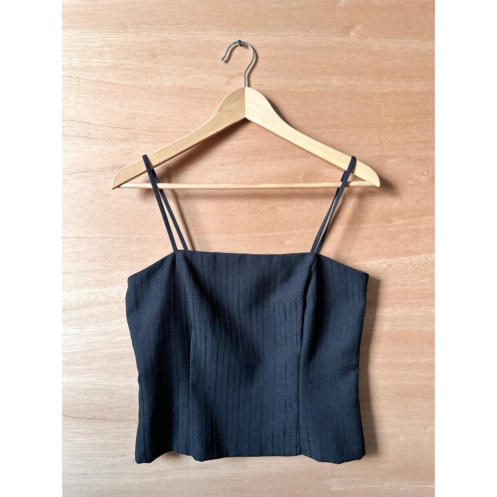 90S Vintage Black Pinstripe Square Neck Spaghetti Strap Tank Top Women Size 9 10